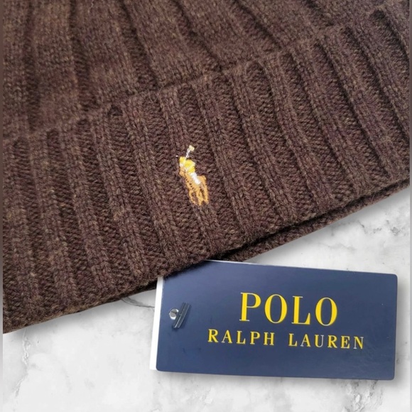 Polo Ralph Lauren Men's Wool Blend Ribbed Cuff Knit Beanie Hat Brown NWT - Picture 2 of 4